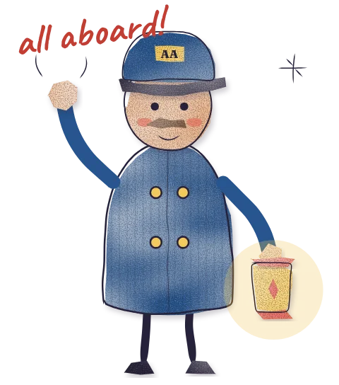 A cheerful streetcar conductor waving you aboard, lantern in hand